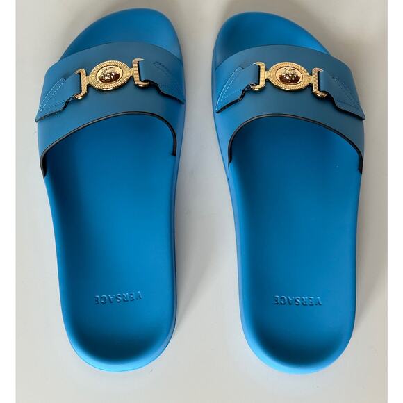 NIB $575 Versace Gold Medusa Leather/Rubber Sandals Blue 8.5 (41.5) 1004983 IT main image 13